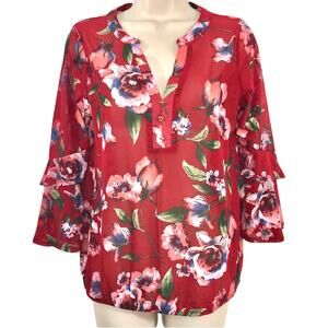 Ember Red Floral Top Delicate Mesh like Fabric Flouncy 3/4 Bell Sleeves V Neck